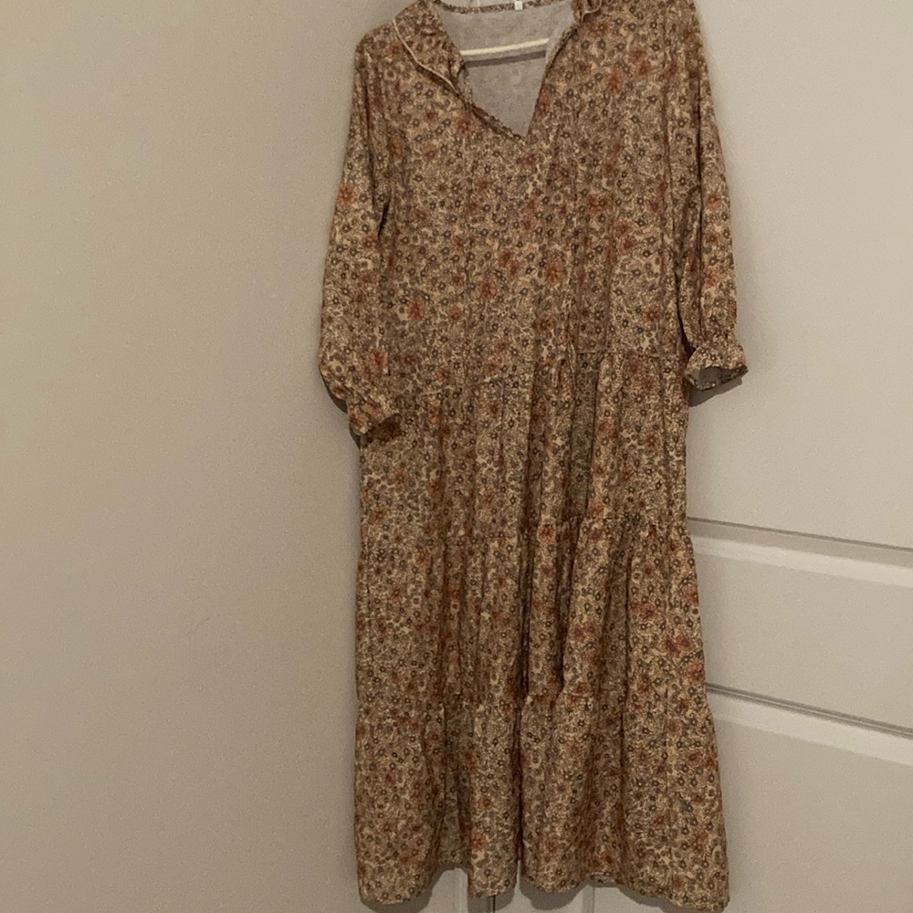 Tan and Brown Tiered Ruched Sundress with Bishop Sleeves